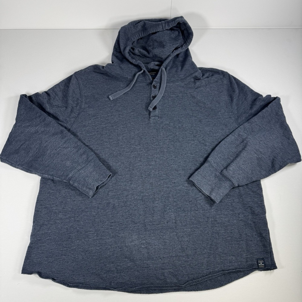 LUCKY BRAND Mens XXL Blue Lightweight Pullover Hoodie Button Neck Raw Hem